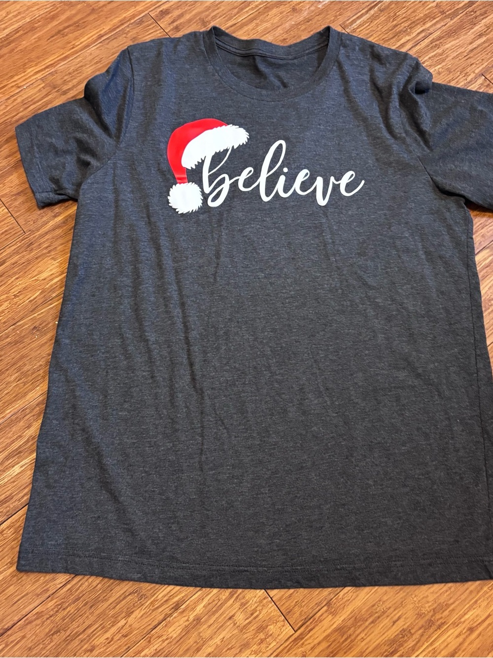 Christmas’ 'Believe' Graphic Tee - Dark Gray with Red Accent